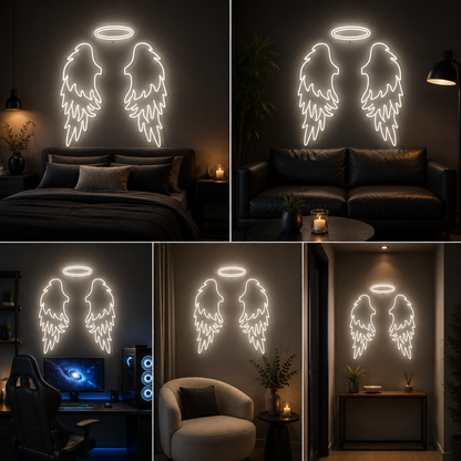 Angel Wings with Halo Neon Sign Board | White LED Custom Neon Light Wings Sign for Bedroom, Cafe & Aesthetic Wall Decor (40x40 In)