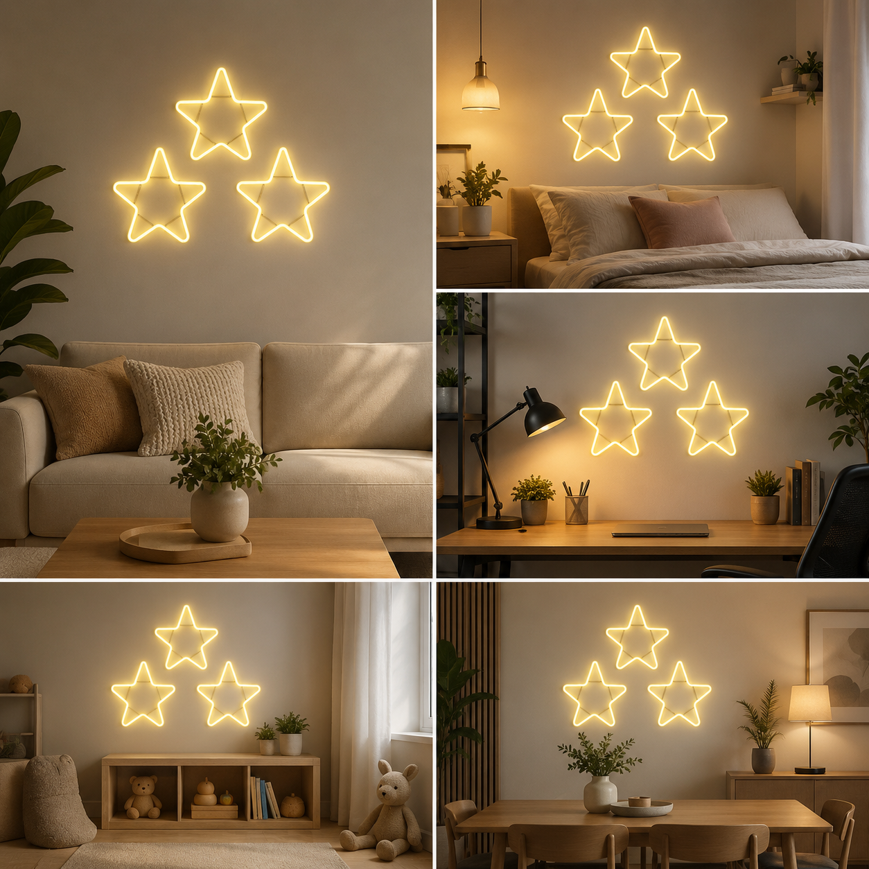 Star Neon Sign Board Set of 3 | Warm Yellow LED Neon Light Wall Decor
