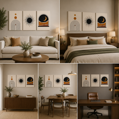 Abstract Sun Moon Wall Art Set of 3 Panels | Boho Minimalist Canvas Painting | Acrylic UV Printed Wall Decor for Living Room Bedroom (18 x 24 Inches Each Part)