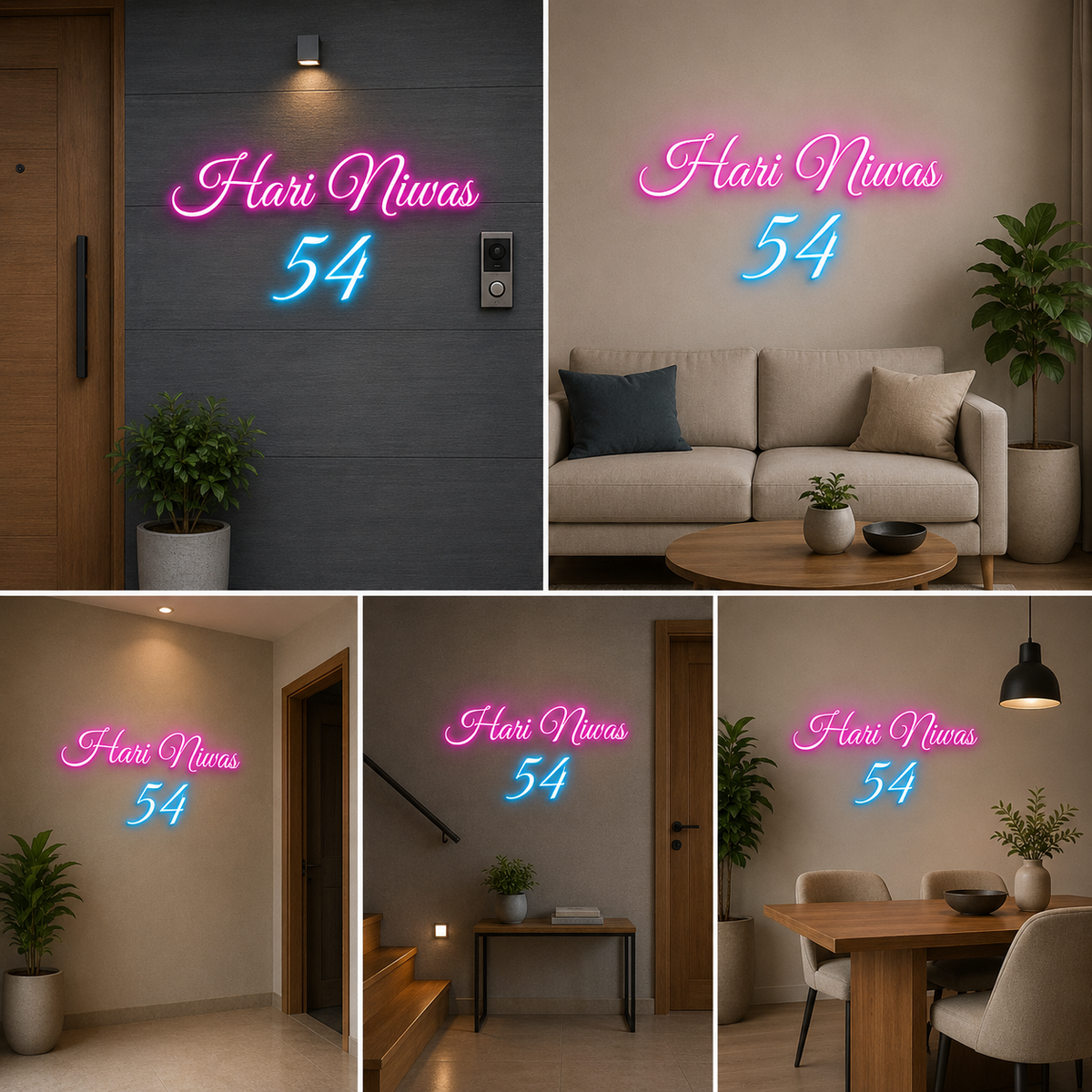 Personalized Pink and Blue Neon Acrylic Name Plate with House Number for Modern Door