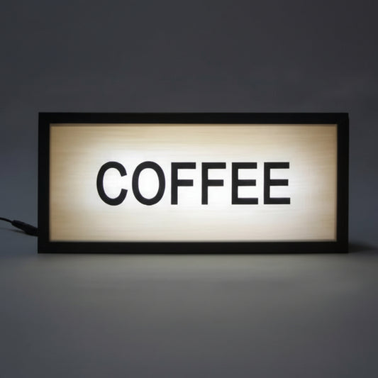 Coffee LED light box display sign for illuminated cafe counter branding.