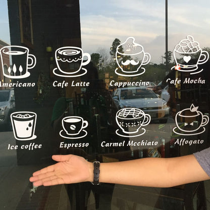 Coffee menu icons vinyl glass sticker set for cafe window with espresso latte cappuccino signage