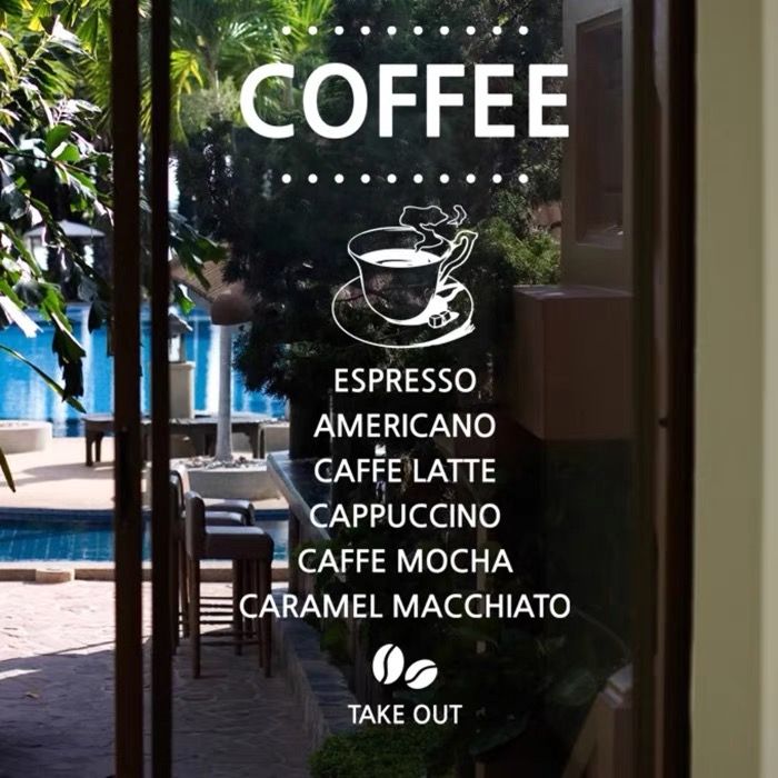 Coffee menu vinyl glass sticker for cafe window with espresso cappuccino menu display