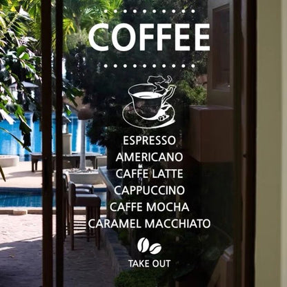 Coffee menu vinyl glass sticker for cafe window with espresso cappuccino menu display