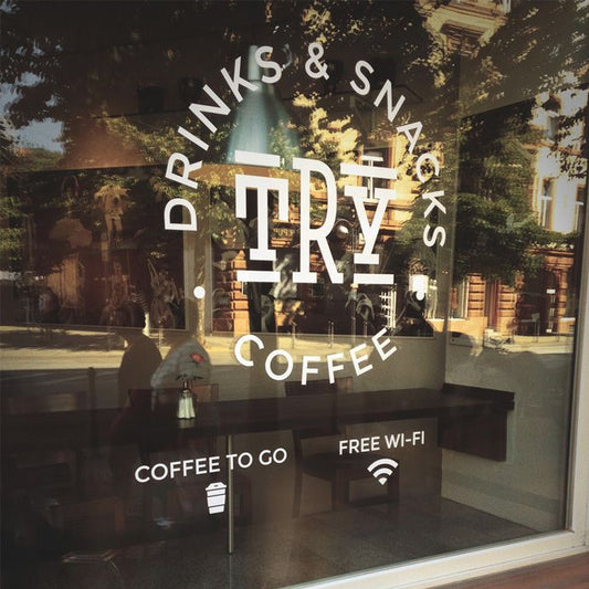 Coffee shop vinyl glass branding sticker with logo coffee to go and free wifi window decal
