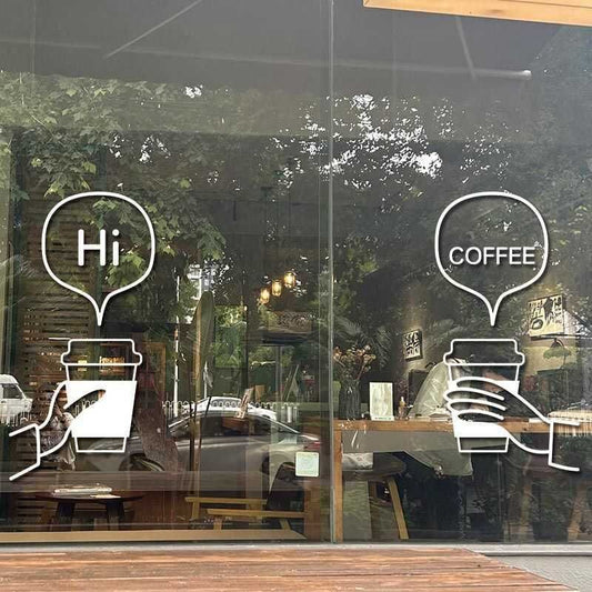 Coffee shop window vinyl glass sticker with hi and coffee graphic for cafe storefront branding