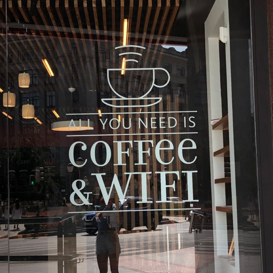 Coffee and WiFi vinyl glass sticker for cafe window branding with coffee cup graphic