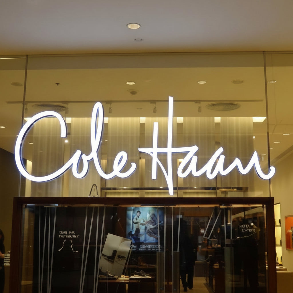 Cole Haan style LED script sign white neon cursive wall signage retail store branding