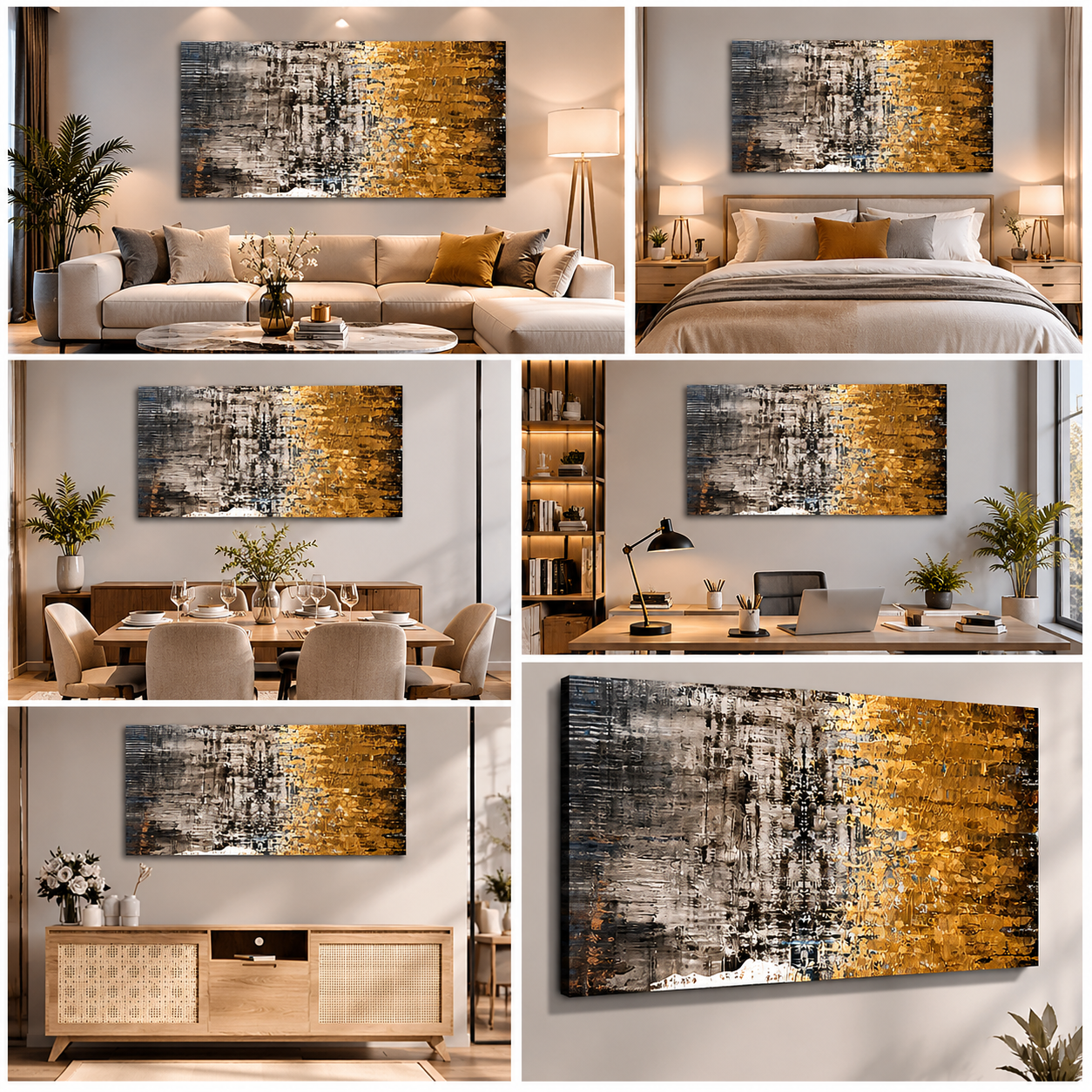 Abstract Gold Grey Canvas Painting Wall Art – Large Size Frame for Living Room Decor