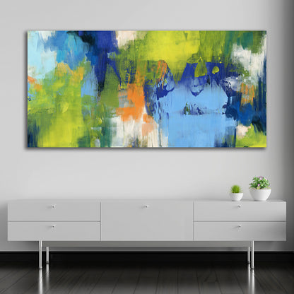 Colorful abstract landscape canvas painting with blue green yellow brush strokes for modern living room wall decor