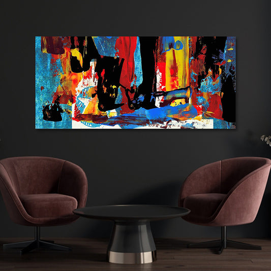 Colorful abstract modern canvas wall art with bold red blue and yellow brush strokes