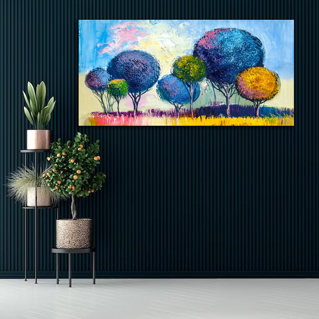 Colorful abstract tree landscape canvas painting wall art for modern living room decor