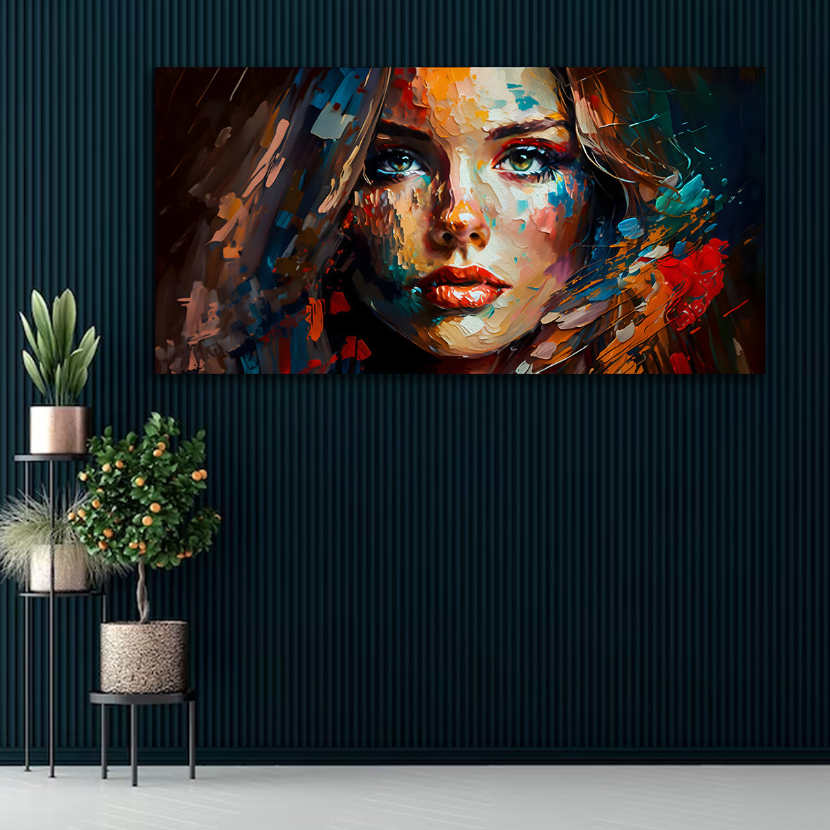 Colorful abstract woman portrait canvas painting with vibrant brush strokes for modern living room wall decor