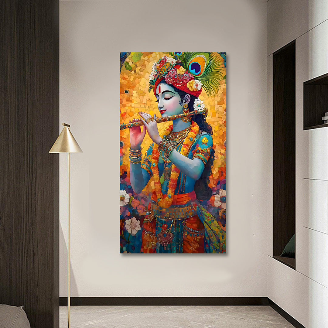 colorful lord krishna canvas painting frame mosaic style vibrant wall decor living room