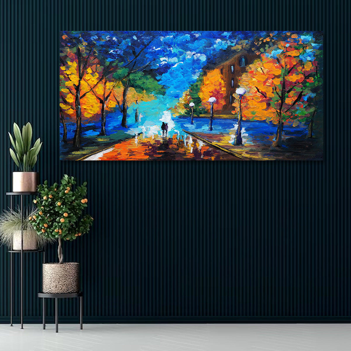 Colorful night park landscape canvas painting with autumn trees and city lights
