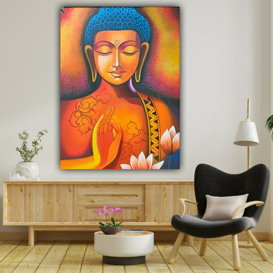 vibrant Buddha portrait canvas wall art with lotus flowers and warm tones