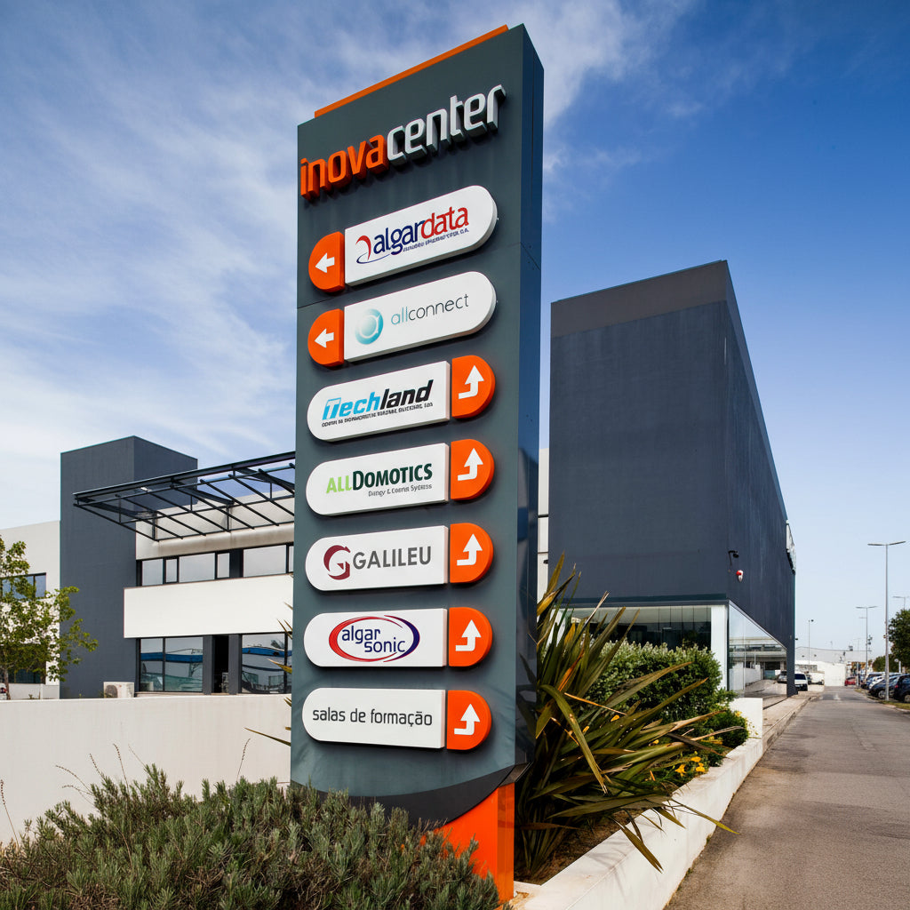 corporate directory totem sign board with LED elements for business park office complex signage