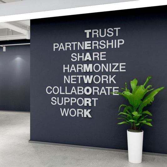 Corporate values acrylic wall sign trust partnership collaborate 3D typography office wall decor
