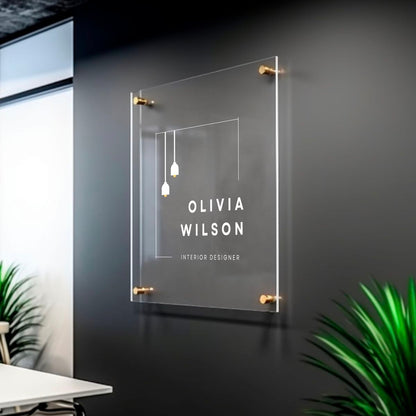 Custom acrylic office name plate with modern glass look wall signage.