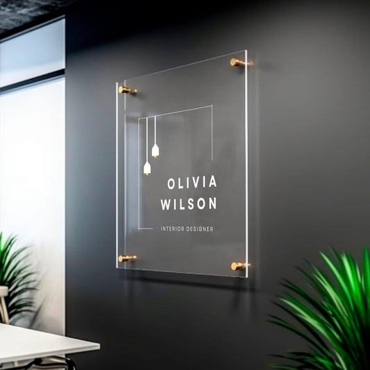 Custom acrylic office name plate with modern glass look wall signage.
