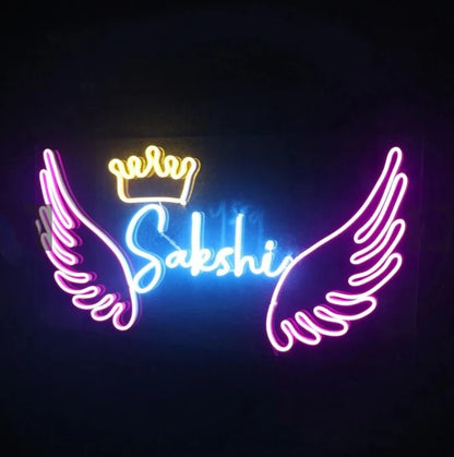 Custom name neon sign with wings and crown LED wall light big size for bedroom
