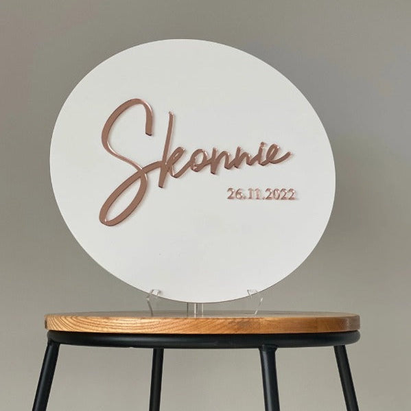 custom name round acrylic sign board metallic script 3D wedding event decor display