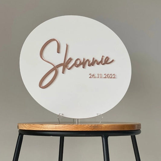 custom name round acrylic sign board metallic script 3D wedding event decor display