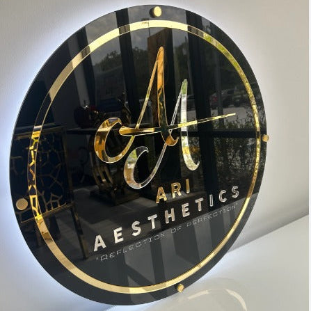 custom beauty bar acrylic sign black glossy round board gold lettering salon branding decor