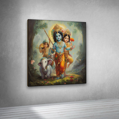 cute baby krishna with friends canvas wall art painting frame spiritual decor
