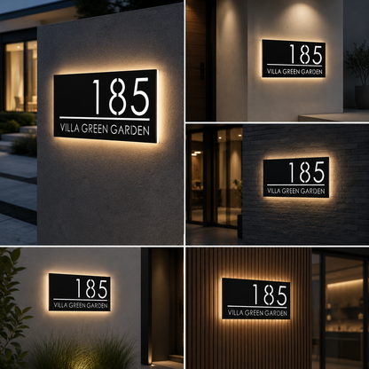 LED Outdoor House Number Sign Black Acrylic Backlit Address Plaque Illuminated Name Plate for Villa Gate and Exterior Wall