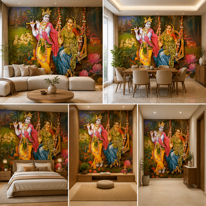Radha Krishna Wallpaper Mural | Spiritual Floral Wall Decor for Living Room & Bedroom