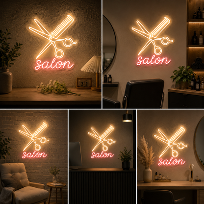 Salon LED Neon Sign with Scissors & Comb | Custom Hair Salon Wall Light for Beauty Parlours, Barber Shops & Studios