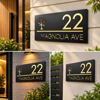 Modern Black and Gold House Number Plate with Custom Address for Home Entrances