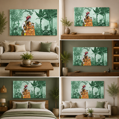 Radha Krishna Jungle Theme Canvas Painting Frame Green Nature Wall Decor for Living Room Panoramic Artwork