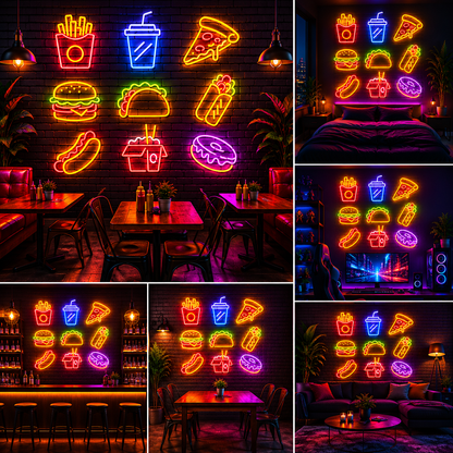 Fast Food Neon Sign Board Collection – Cafe & Restaurant Custom Neon Light Set (40 By 40 Inches)