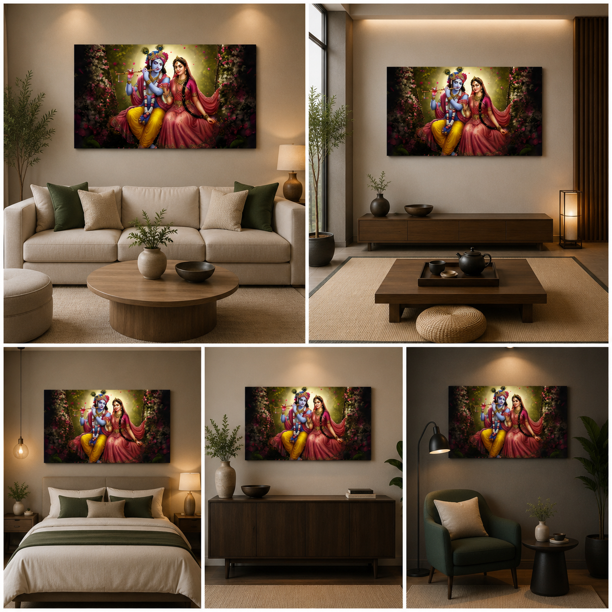 Radha Krishna Floral Swing Canvas Painting Frame Wall Decor for Living Room Romantic Artwork
