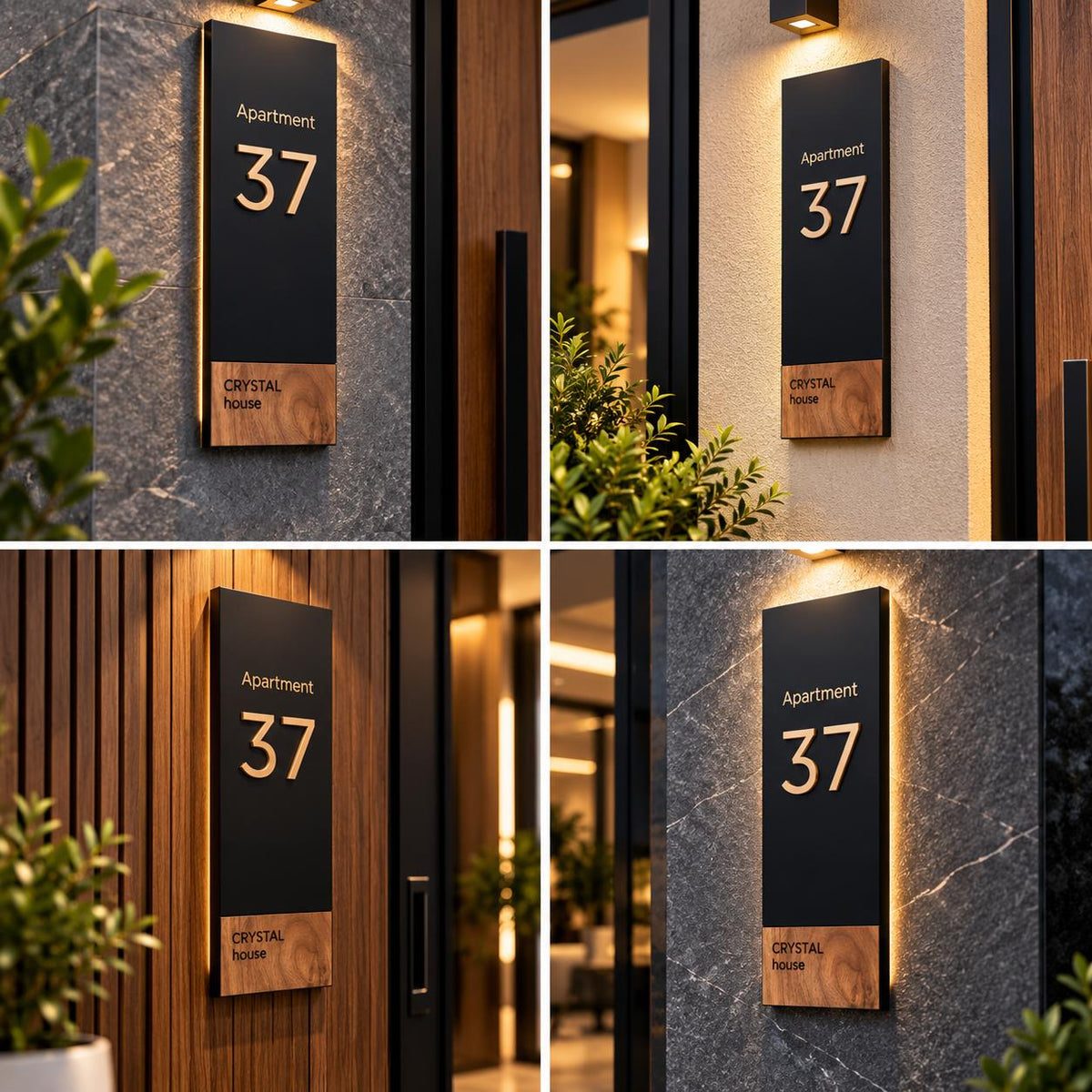 Modern Apartment Number Name Plate with Black Panel, Gold 3D Numbers and Wood Accent