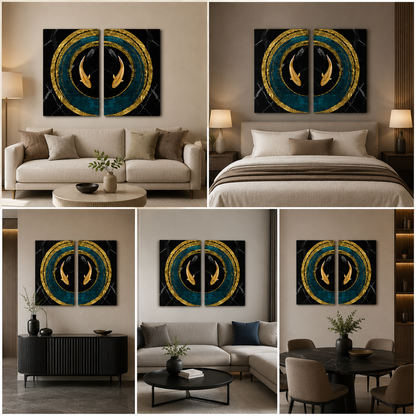 Abstract Gold Koi Fish Circle Canvas Painting Wall Art Set – Frame for Living Room (18 x 24 Inches Each Part)