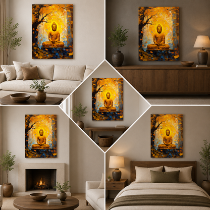 Golden Buddha Meditation Wall Painting | Spiritual Canvas Art for Peaceful Home Decor