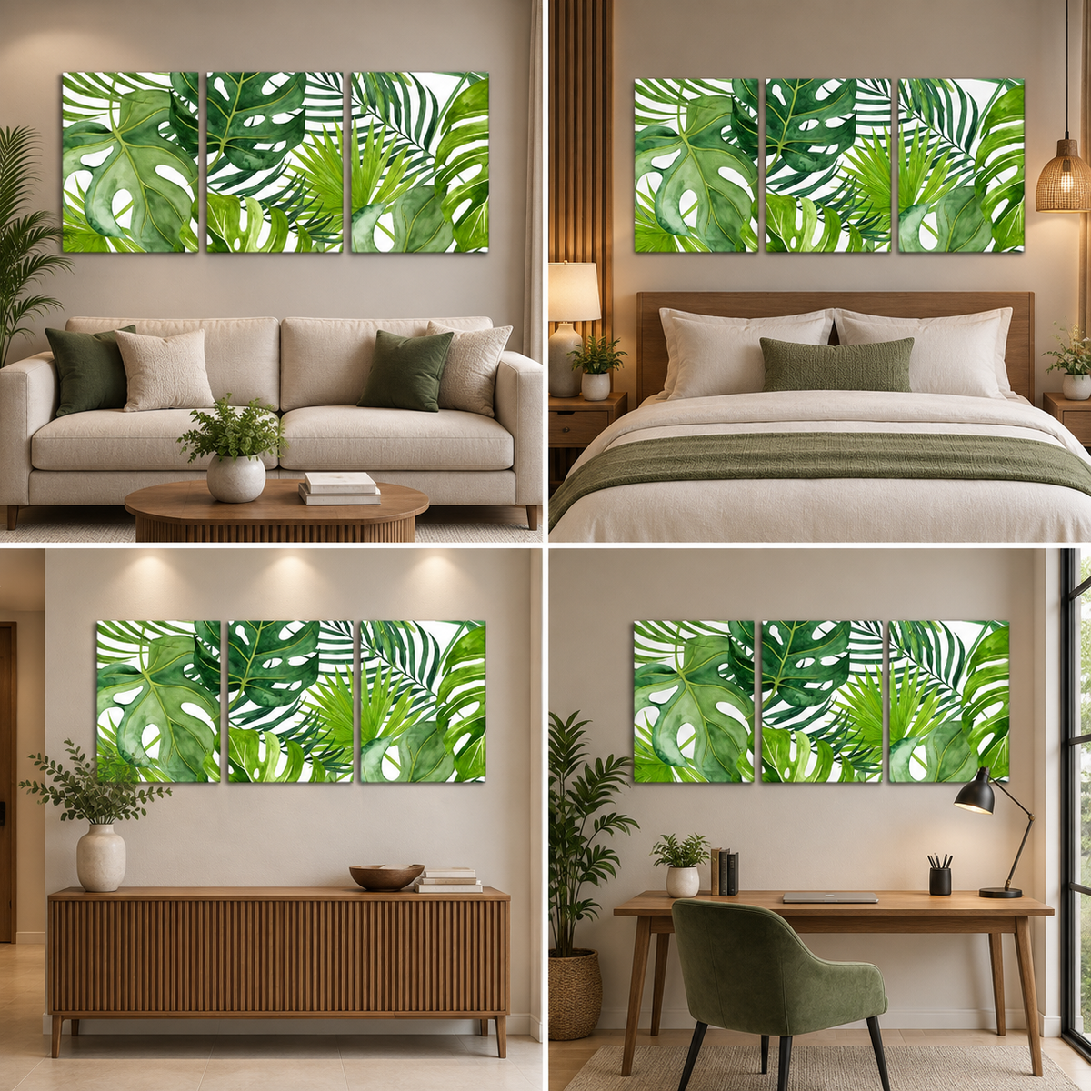 Tropical Green Leaf Canvas Wall Art Set of 3 for Modern Living Room and Office Decor