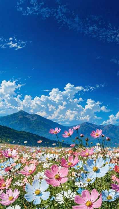 Pink Wildflower Meadow Ceiling Panel with Mountain Sky for Modern Living Room Decor