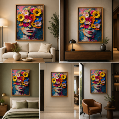 A woman's face covered with yellow, pink, orange and blue flowers, shown as framed canvas wall art above a sofa, console and bed, in a hallway and beside an armchair.