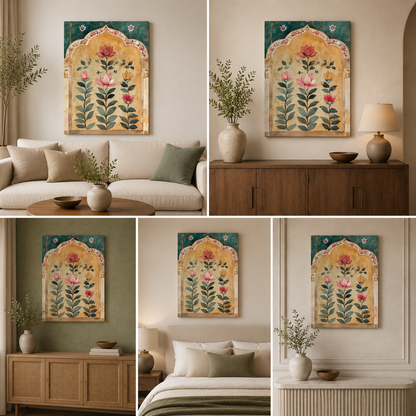 Mughal Floral Arch Canvas Wall Art | Lotus Botanical Painting | Elegant Indian Heritage Decor