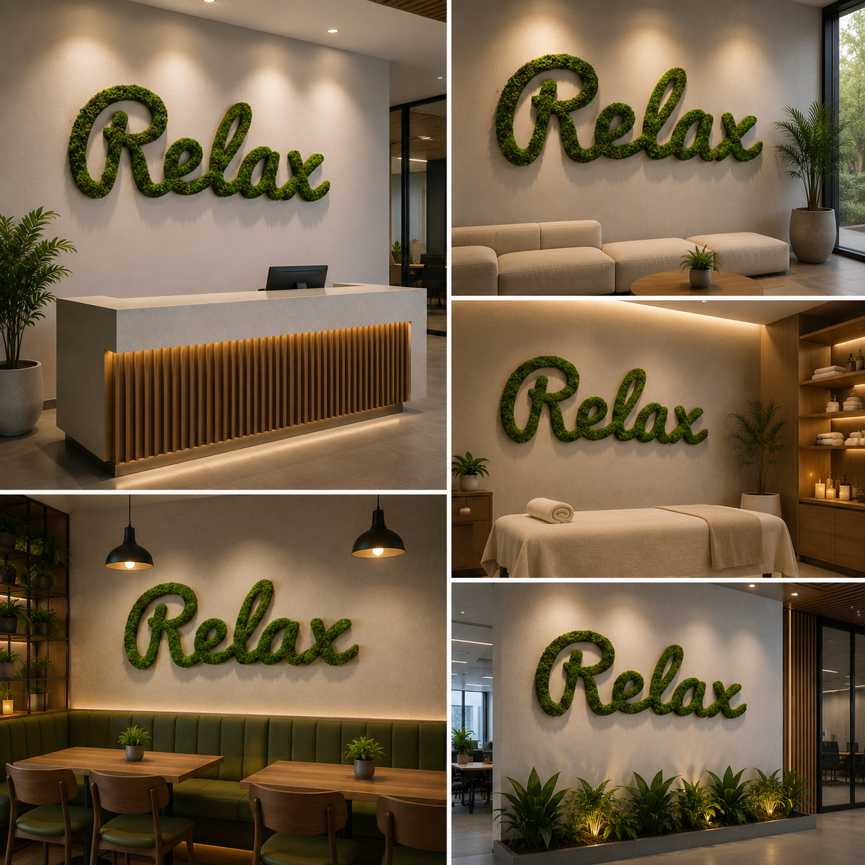 Artificial Moss Relax Wall Sign Green Moss Letter Decor for Spa Wellness and Interior Spaces