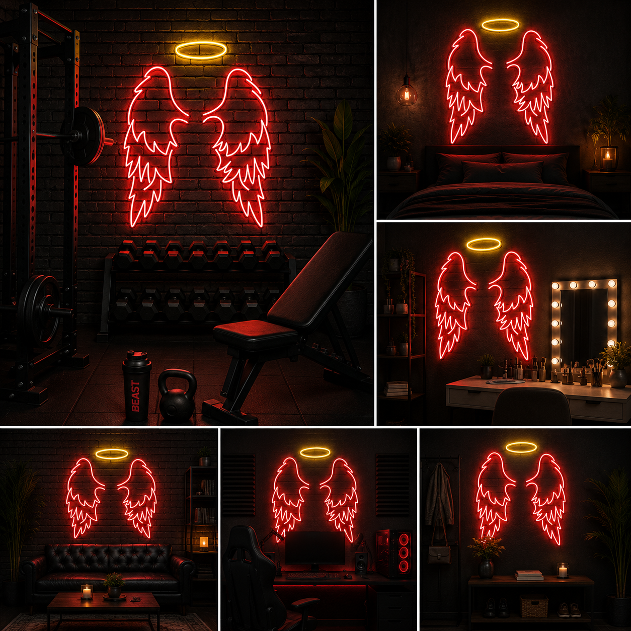 Red Angel Wings with Halo & Heart Custom Neon Sign Board | Romantic Neon Light | Custom Neon Light | Neon Sign Board Customised (48 By 48 Inches)