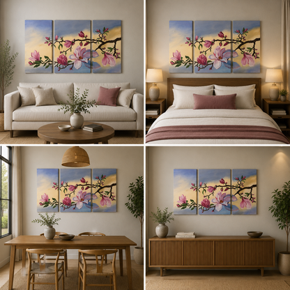 Hand-Painted Magnolia Flower Triptych Canvas Wall Art for Living Room Home Decor