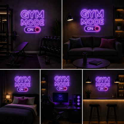 Gym Mode On Purple Neon Sign for Home Gym, Workout Room, Fitness Studio and Decor