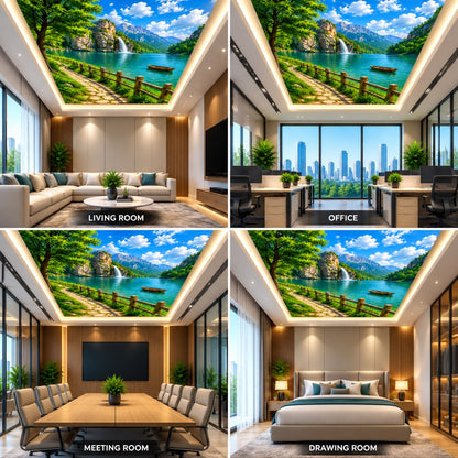 3D Lake Waterfall Ceiling Design with Mountain View & Blue Sky for Modern Interiors