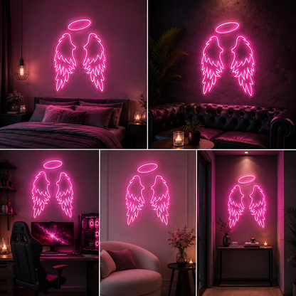 Angel Wings with Halo Neon Sign Board | Pink LED Custom Neon Light Wings Sign for Bedroom & Aesthetic Wall Decor (40x40 In)