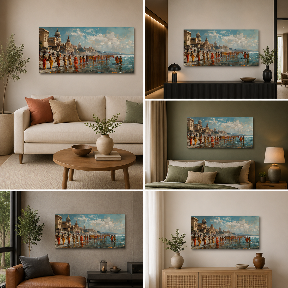 Varanasi Ganga Aarti Canvas Painting Frame – Spiritual Ganga Ghat Ritual Canvas Wall Art Painting Frame for Living Room Decor
